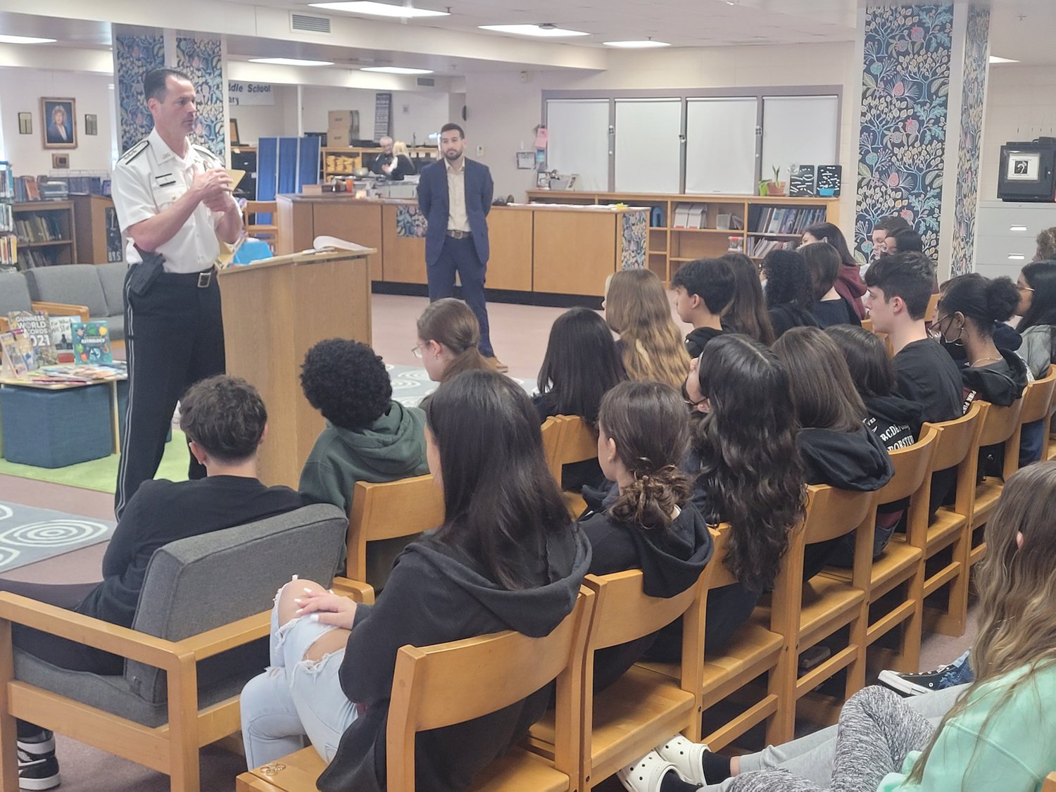 TOUGH QUESTIONS: Johnston Police Chief Joseph P. Razza fielded tough questions from Ferri Middle School civics students during Law Day in 2021.
